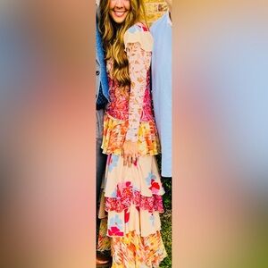 Free People Coralie Multiprint Ruffle Floral Maxi Dress Sz 2
